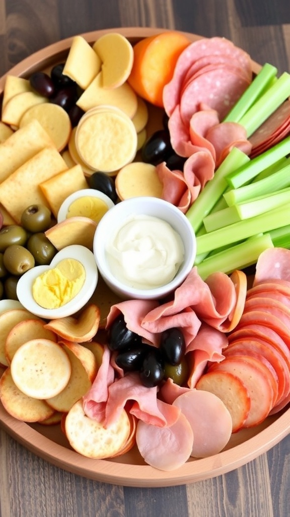30 Zero Carb Snack Ideas A variety of zero carb snacks including cheese crisps, hard-boiled eggs, olives, and sliced meats on a wooden platter.